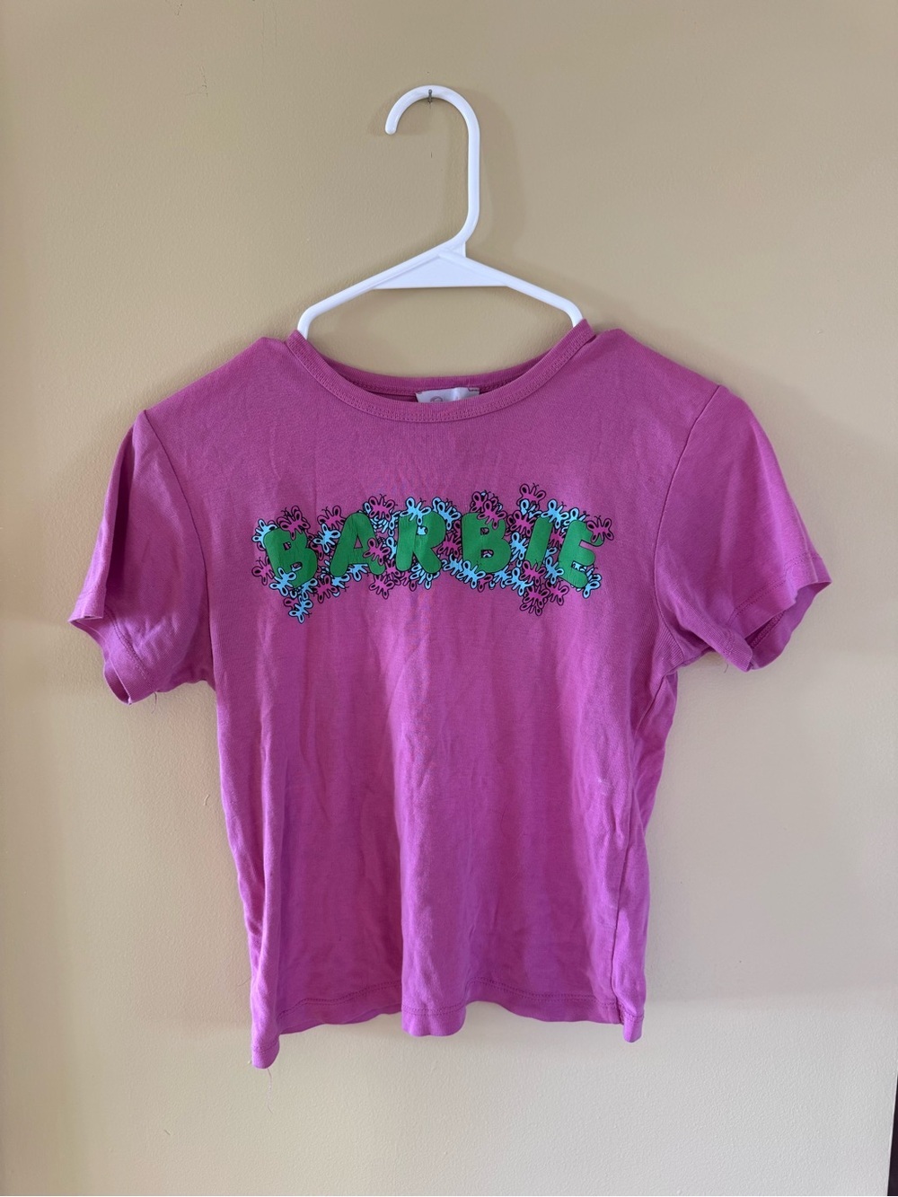 Barbie Pink Tee with Green Logo and Blue Accents